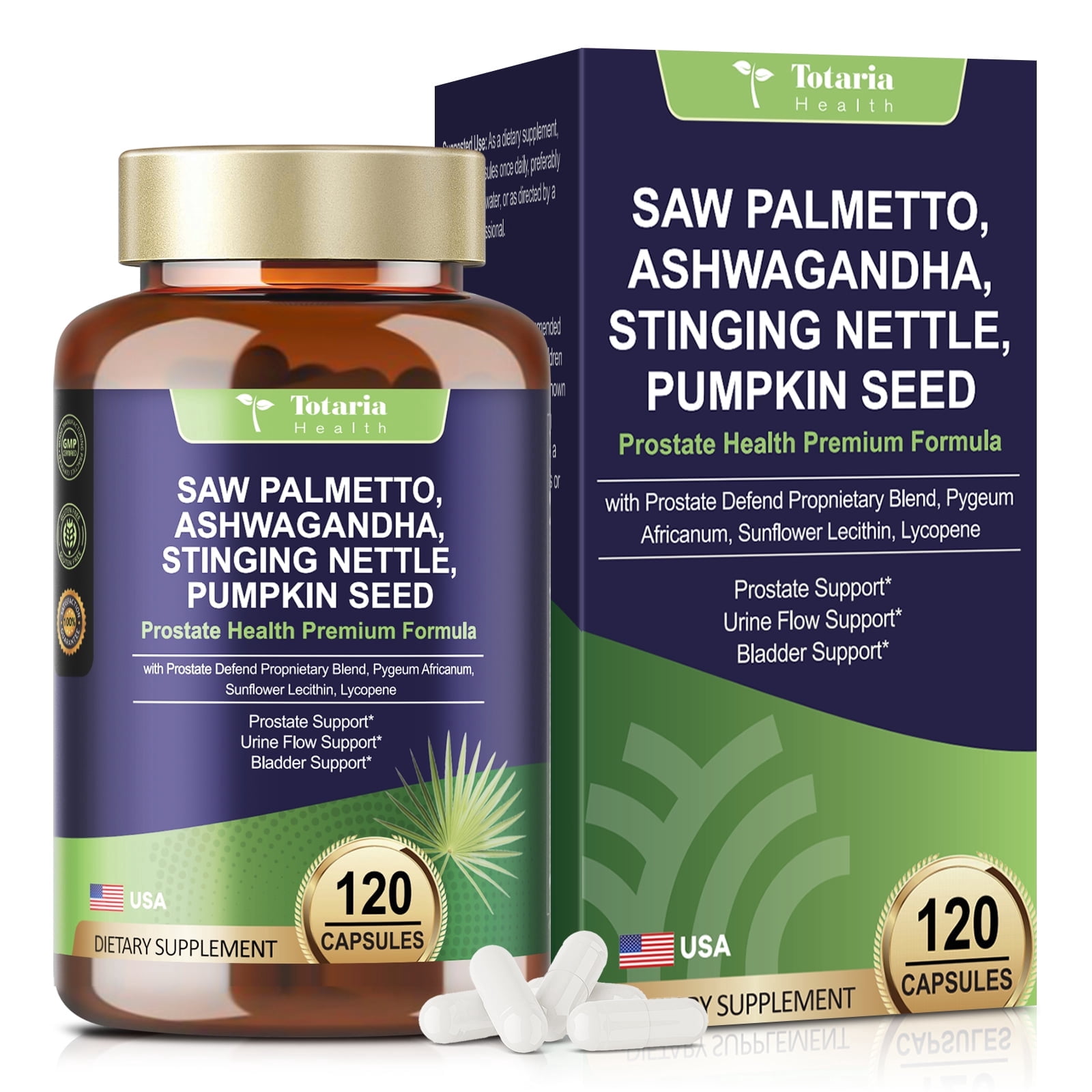 Totaria Organic Saw Palmetto & Prostate Support for Men, 120 Capsules, Non-GMO, Gluten-Free