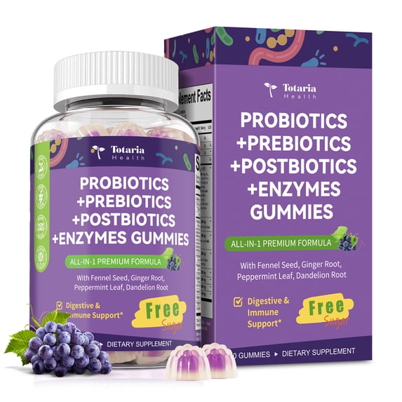 Totaria Sugar Free 5-in-1 Probiotic Prebiotic Postbiotic Gummies, Complete Gut, Digestive & Immune Support for Adults, Vegan, Grape Flavor, 60 Count