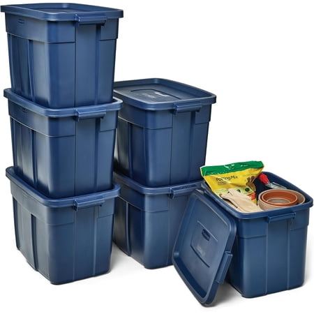 Tote 18 Gal, 6 Pack, Dark Indigo Metallic, Rugged Plastic Stackable Storage Bins with Lids and Handles