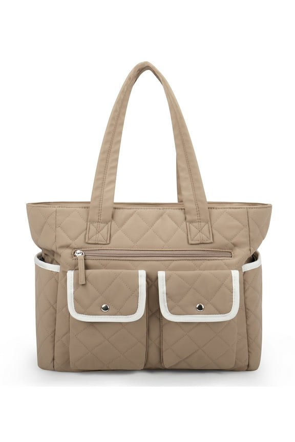 Tote Bag for Woman, Large Capacity Gym Bag Waterproof Puffer Shoulder Work Bag with Multiple Compartments, Grayish Brown