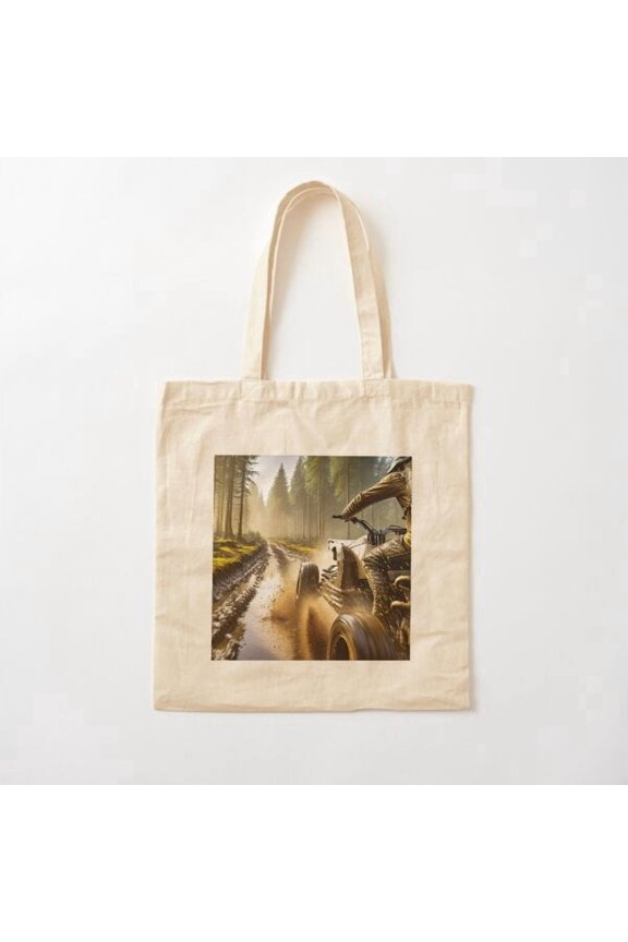 Tote Bag A Person On An A Is Riding Through A Muddy Trail In A Forest, Splashing Mud Canvas Tote Bags, Reusable Shopping Bag