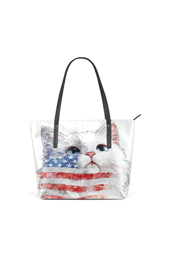 Tote Bag Aesthetic leather Handbags with Zipper for Women Travel Shoulder Bags Purses with compartment. American Flag Cat