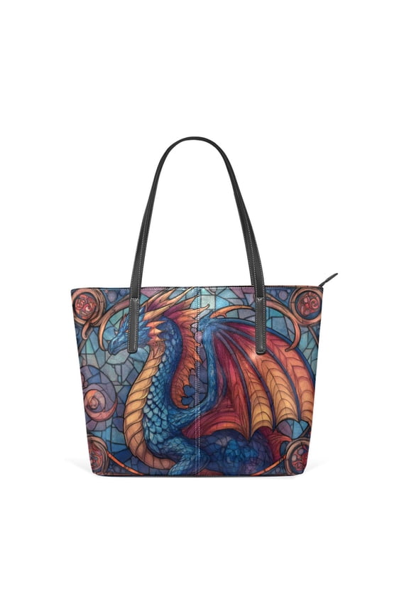 Tote Bag Aesthetic leather Handbags with Zipper for Women Travel Shoulder Bags Purses with compartment. Ancient Dragon