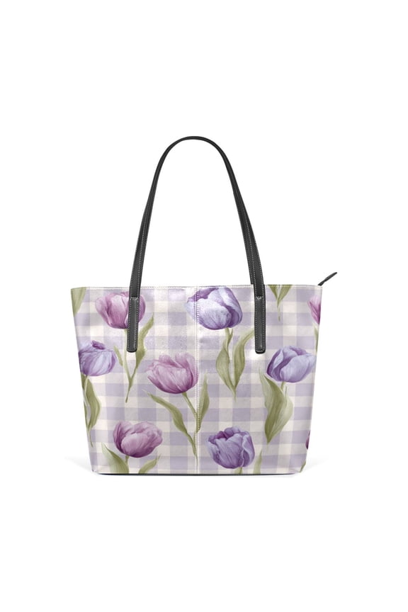 Tote Bag Aesthetic leather Handbags with Zipper for Women Travel Shoulder Bags Purses with compartment. Beautiful Pinkish-purple Tulips