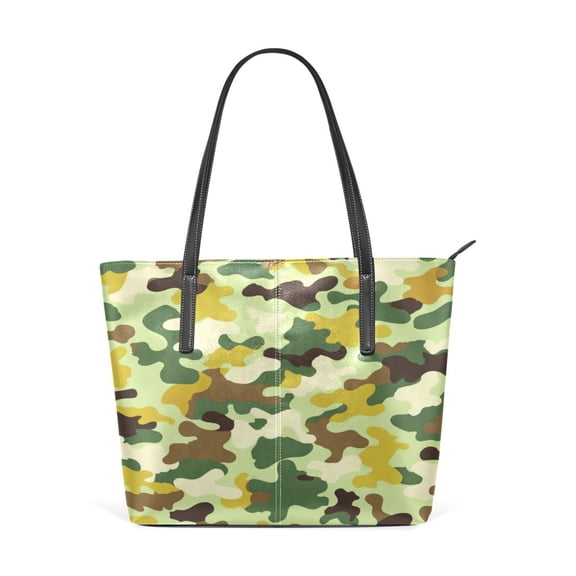 Tote Bag Aesthetic leather Handbags with Zipper for Women Travel Shoulder Bags Purses with compartment. Bright Green Camouflage