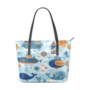 Tote Bag Aesthetic leather Handbags with Zipper for Women Travel Shoulder Bags Purses with compartment. Cartoon Ocean World