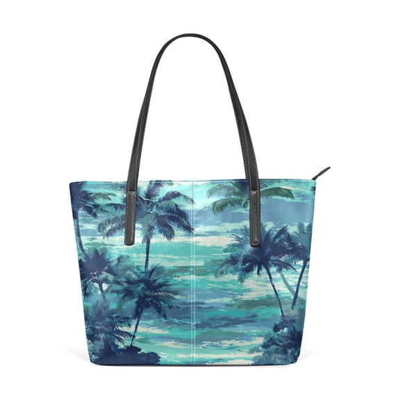Tote Bag Aesthetic leather Handbags with Zipper for Women Travel Shoulder Bags Purses with compartment. Coconut Trees by The Sea