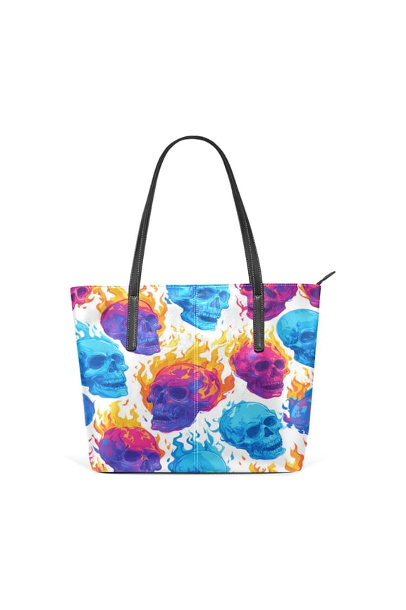 Tote Bag Aesthetic leather Handbags with Zipper for Women Travel Shoulder Bags Purses with compartment. Colorful Skulls with Flames