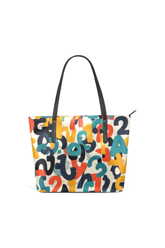 Tote Bag Aesthetic leather Handbags with Zipper for Women Travel Shoulder Bags Purses with compartment. Creative Numeric Alphabet