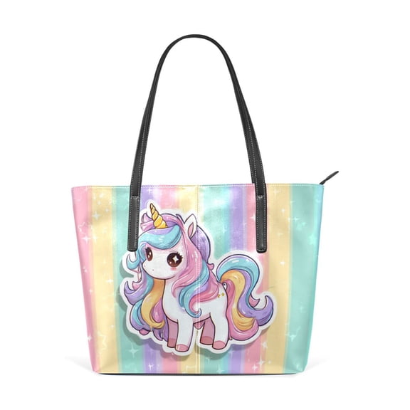 Tote Bag Aesthetic leather Handbags with Zipper for Women Travel Shoulder Bags Purses with compartment. Cute Cartoon Unicorn