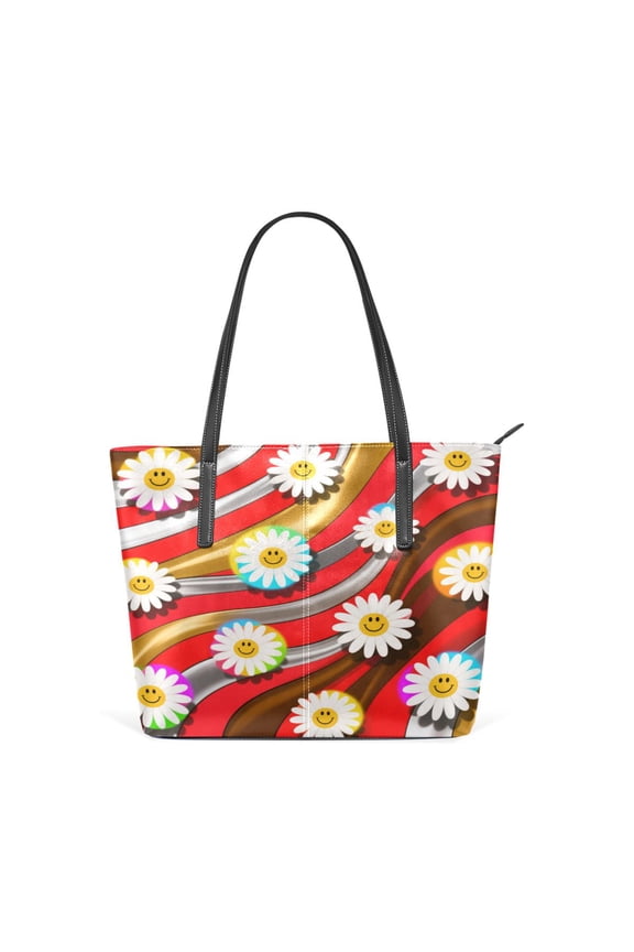 Tote Bag Aesthetic leather Handbags with Zipper for Women Travel Shoulder Bags Purses with compartment. Daisies on Coffee Collision Background