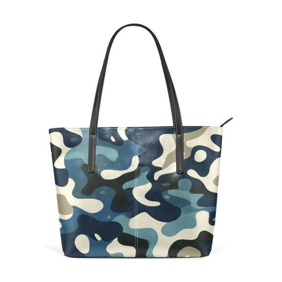 Tote Bag Aesthetic leather Handbags with Zipper for Women Travel Shoulder Bags Purses with compartment. Dark-toned Camouflage Pattern