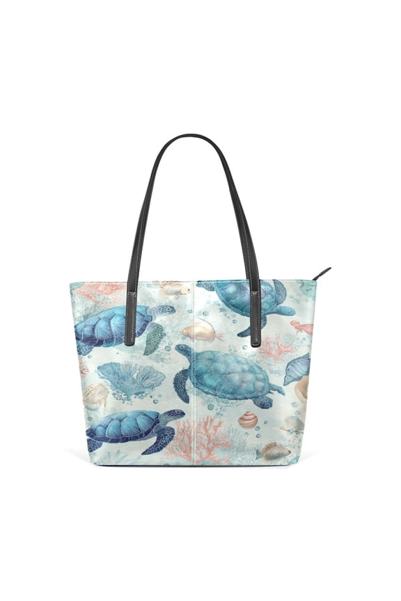 Tote Bag Aesthetic leather Handbags with Zipper for Women Travel Shoulder Bags Purses with compartment. Deep Green Sea Turtles