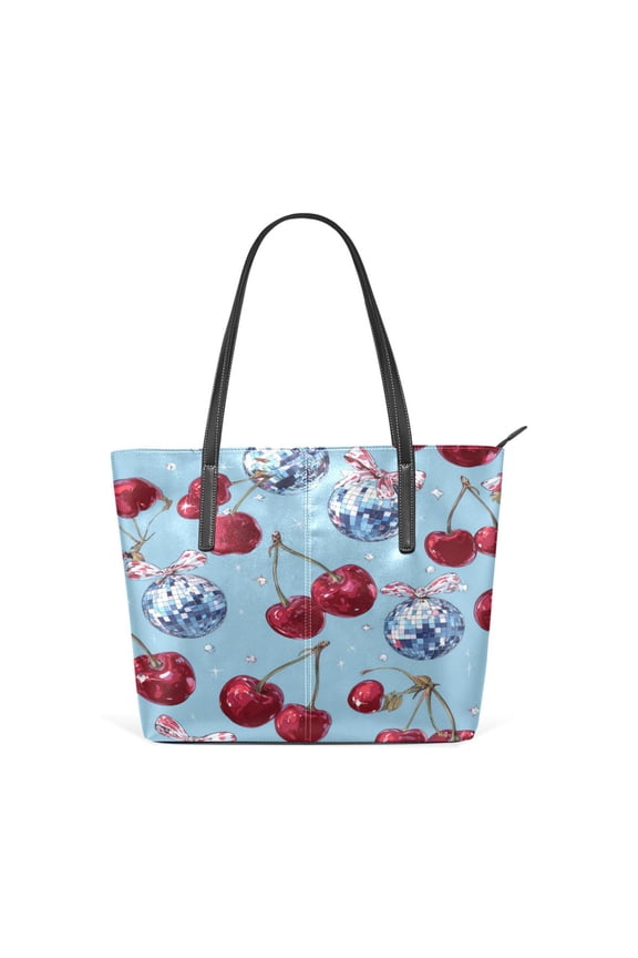 Tote Bag Aesthetic leather Handbags with Zipper for Women Travel Shoulder Bags Purses with compartment. Disco Balls with Cherries