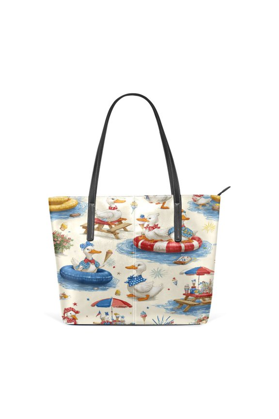 Tote Bag Aesthetic leather Handbags with Zipper for Women Travel Shoulder Bags Purses with compartment. Duck Amusement Park