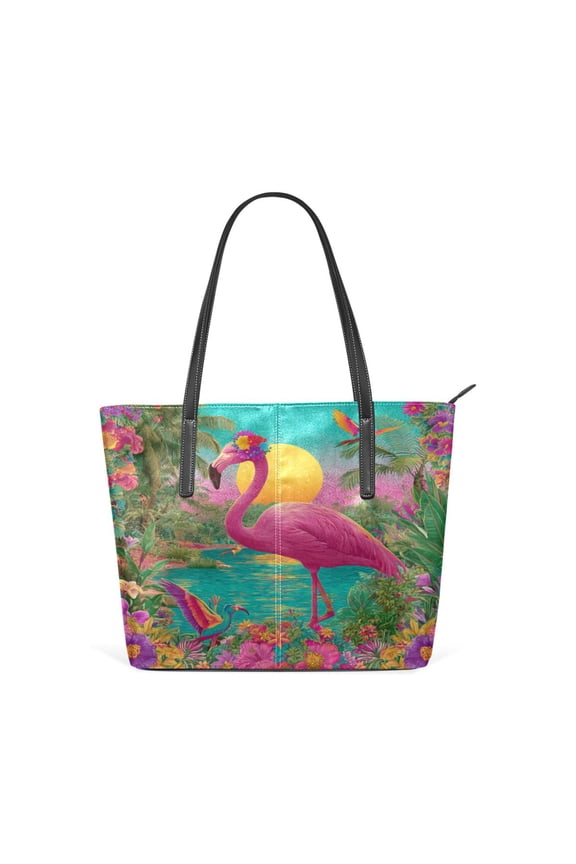 Tote Bag Aesthetic leather Handbags with Zipper for Women Travel Shoulder Bags Purses with compartment. Flamingo Resort Style