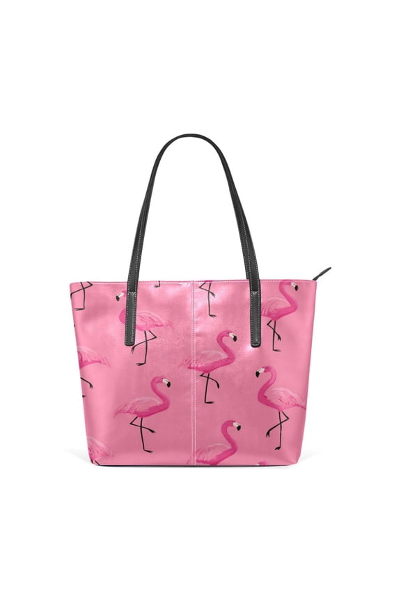 Tote Bag Aesthetic leather Handbags with Zipper for Women Travel Shoulder Bags Purses with compartment. Flock Of Cartoon Flamingos