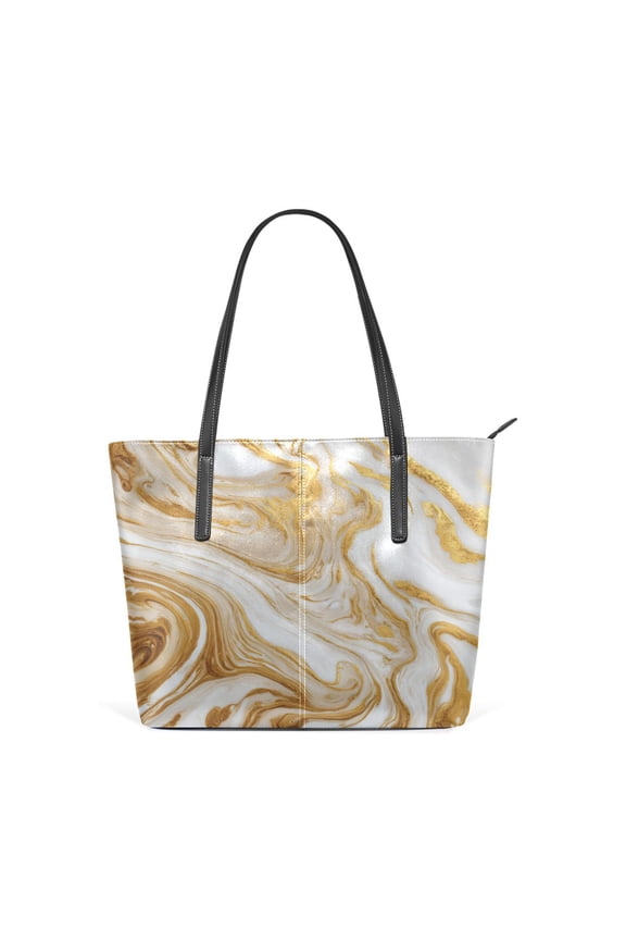 Tote Bag Aesthetic leather Handbags with Zipper for Women Travel Shoulder Bags Purses with compartment. Golden Curved Marble