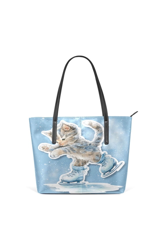 Tote Bag Aesthetic leather Handbags with Zipper for Women Travel Shoulder Bags Purses with compartment. Gray Cat Skating