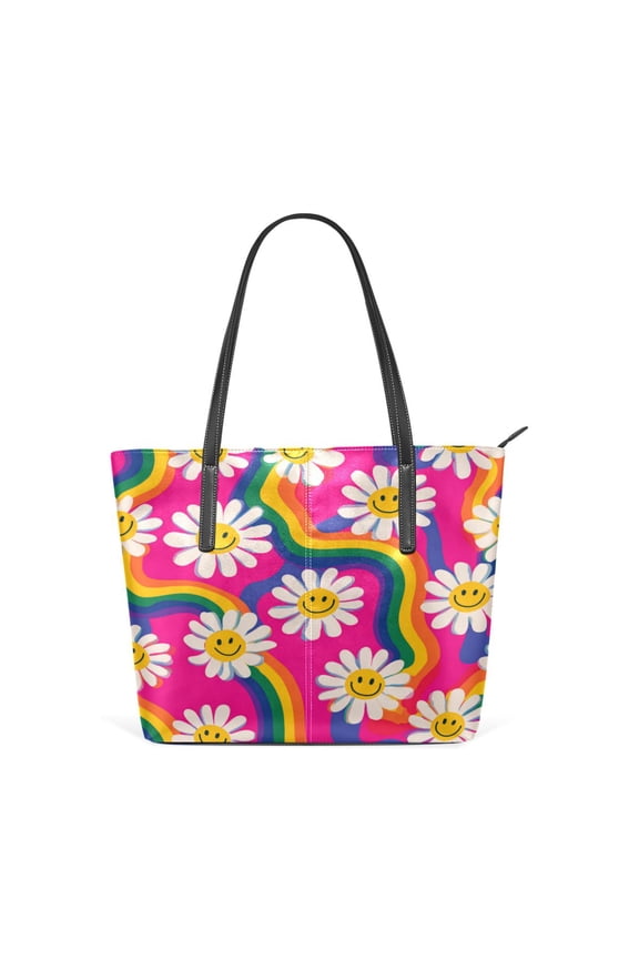 Tote Bag Aesthetic leather Handbags with Zipper for Women Travel Shoulder Bags Purses with compartment. Groovy Daisies with Smiley Faces
