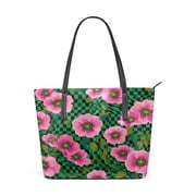 Tote Bag Aesthetic leather Handbags with Zipper for Women Travel Shoulder Bags Purses with compartment. Groovy Green and Pink Flowers