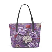 Tote Bag Aesthetic leather Handbags with Zipper for Women Travel Shoulder Bags Purses with compartment. Peonies on Dark Purple Background