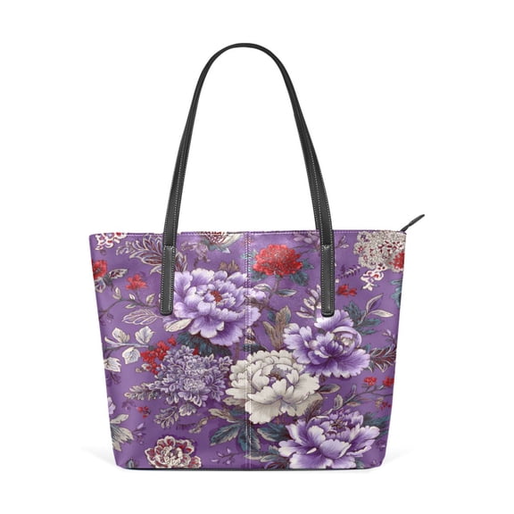 Tote Bag Aesthetic leather Handbags with Zipper for Women Travel Shoulder Bags Purses with compartment. Peonies on Dark Purple Background
