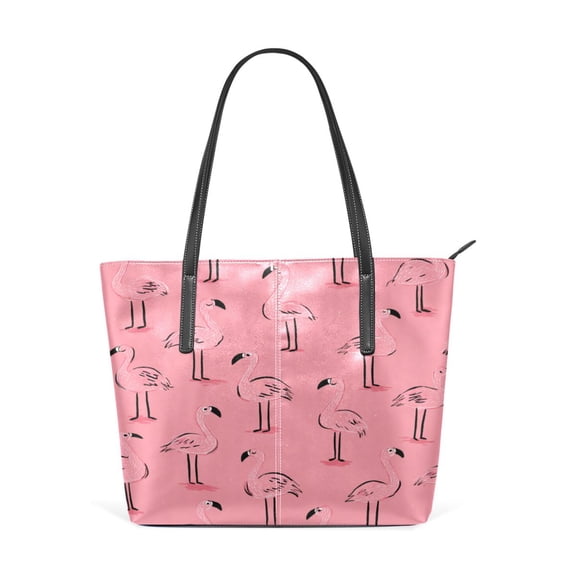 Tote Bag Aesthetic leather Handbags with Zipper for Women Travel Shoulder Bags Purses with compartment. Pink Cute Flamingos