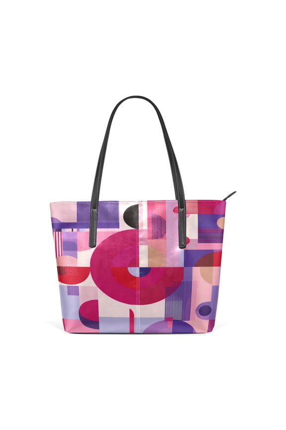 Tote Bag Aesthetic leather Handbags with Zipper for Women Travel Shoulder Bags Purses with compartment. Pink and Purple Record Pattern