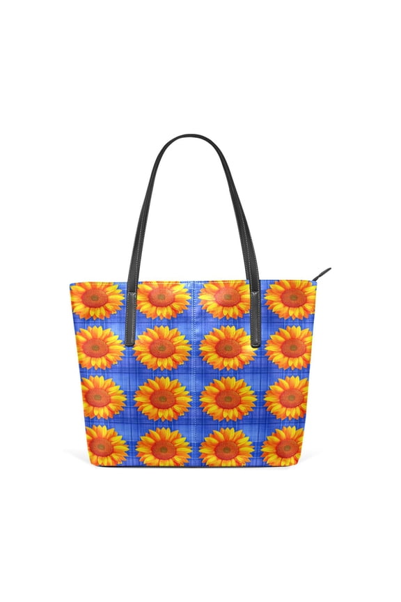 Tote Bag Aesthetic leather Handbags with Zipper for Women Travel Shoulder Bags Purses with compartment. Quilted Seamless Sunflowers Pattern