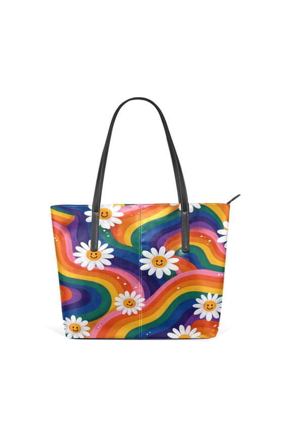 Tote Bag Aesthetic leather Handbags with Zipper for Women Travel Shoulder Bags Purses with compartment. Rainbow-colored Waves with Daisies