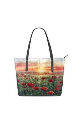 Tote Bag Aesthetic leather Handbags with Zipper for Women Travel Shoulder Bags Purses with compartment. Red Poppies