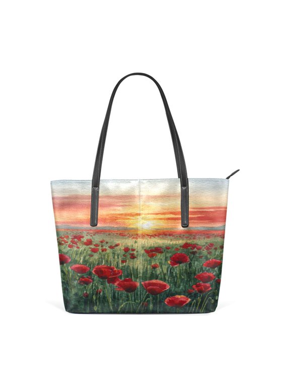 Tote Bag Aesthetic leather Handbags with Zipper for Women Travel Shoulder Bags Purses with compartment. Red Poppies