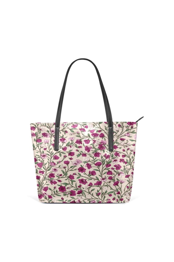 Tote Bag Aesthetic leather Handbags with Zipper for Women Travel Shoulder Bags Purses with compartment. Red-pink Magenta Flowers