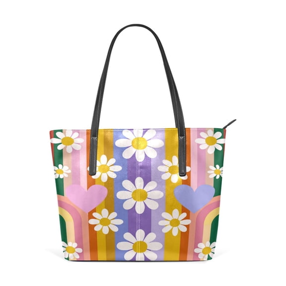 Tote Bag Aesthetic leather Handbags with Zipper for Women Travel Shoulder Bags Purses with compartment. Retro Colorful Rainbow and Daisy