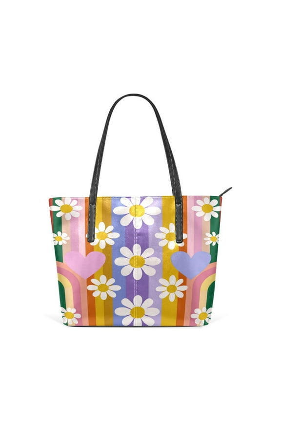 Tote Bag Aesthetic leather Handbags with Zipper for Women Travel Shoulder Bags Purses with compartment. Retro Colorful Rainbow and Daisy