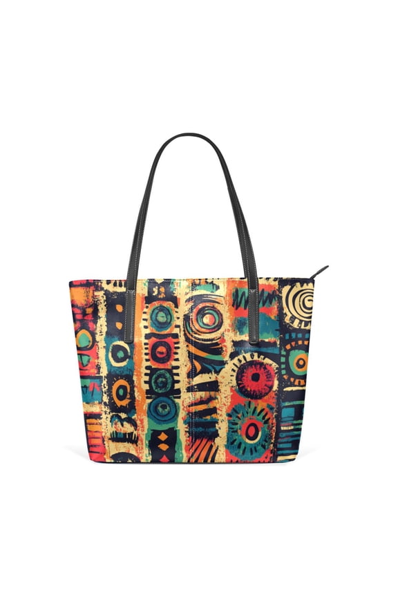 Tote Bag Aesthetic leather Handbags with Zipper for Women Travel Shoulder Bags Purses with compartment. Retro Multicolor Tribal Pattern
