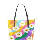 Tote Bag Aesthetic leather Handbags with Zipper for Women Travel Shoulder Bags Purses with compartment. Smiley Daisy on Rainbow Background