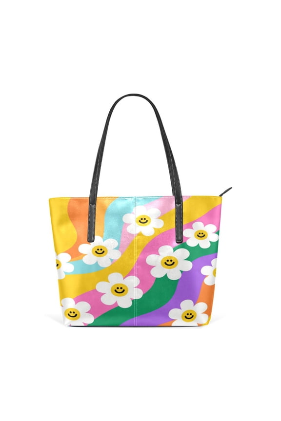 Tote Bag Aesthetic leather Handbags with Zipper for Women Travel Shoulder Bags Purses with compartment. Smiley Daisy on Rainbow Background