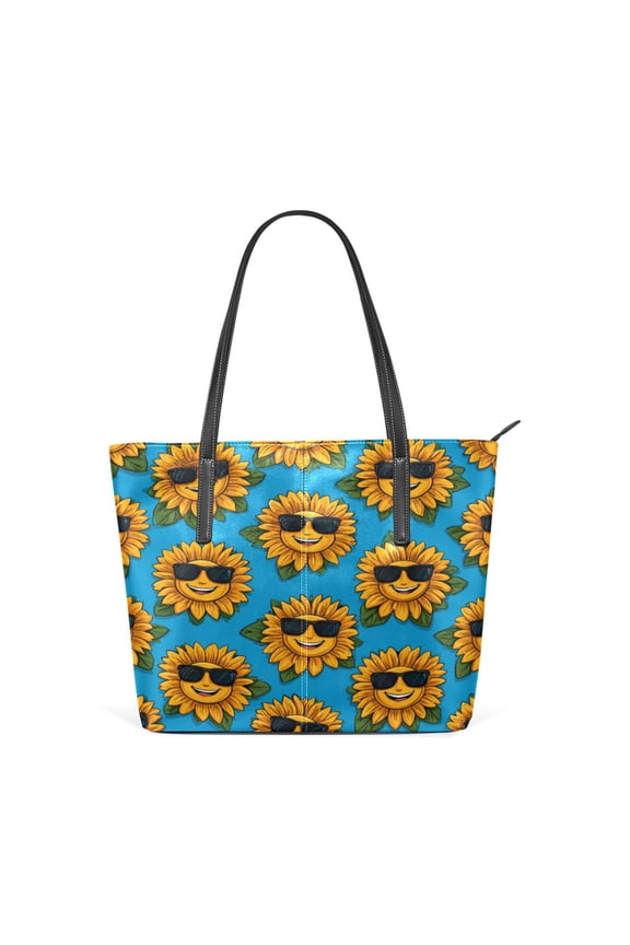 Tote Bag Aesthetic leather Handbags with Zipper for Women Travel Shoulder Bags Purses with compartment. Smiley Sunglasses Sunflowers