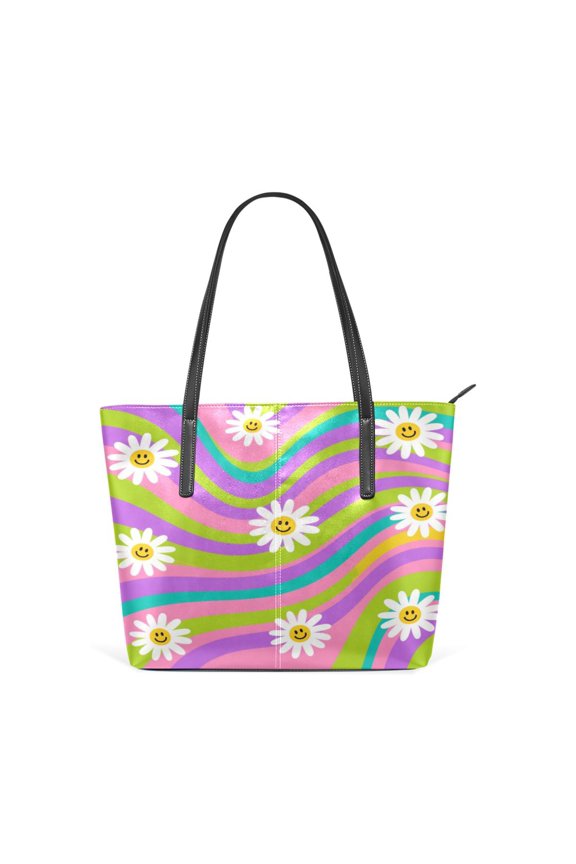 Tote Bag Aesthetic leather Handbags with Zipper for Women Travel Shoulder Bags Purses with compartment. Smiling Daisy on Multicolor Background
