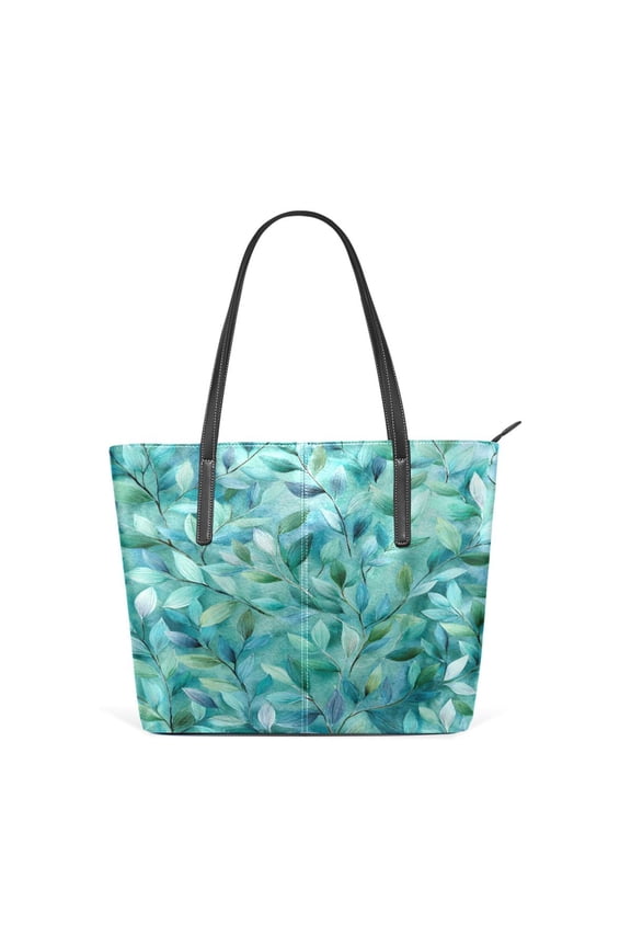 Tote Bag Aesthetic leather Handbags with Zipper for Women Travel Shoulder Bags Purses with compartment. Teal Leaves and Vines