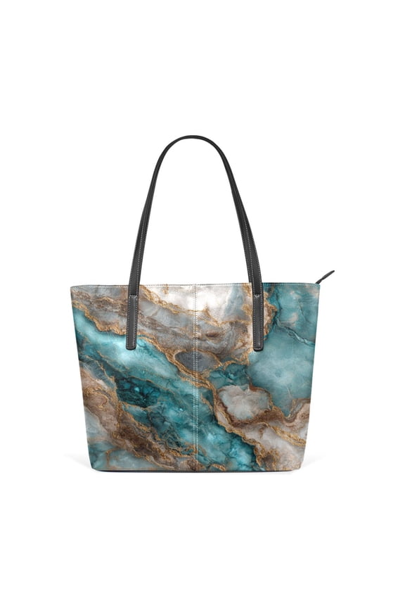 Tote Bag Aesthetic leather Handbags with Zipper for Women Travel Shoulder Bags Purses with compartment. Turquoise and Gold Marble