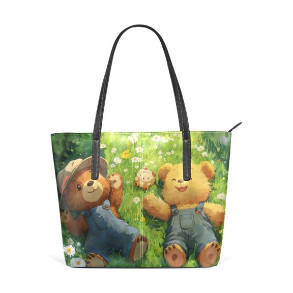Tote Bag Aesthetic leather Handbags with Zipper for Women Travel Shoulder Bags Purses with compartment. Two Cute Bears
