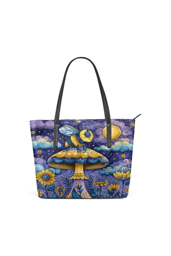 Tote Bag Aesthetic leather Handbags with Zipper for Women Travel Shoulder Bags Purses with compartment. Whimsical Cartoon Bee