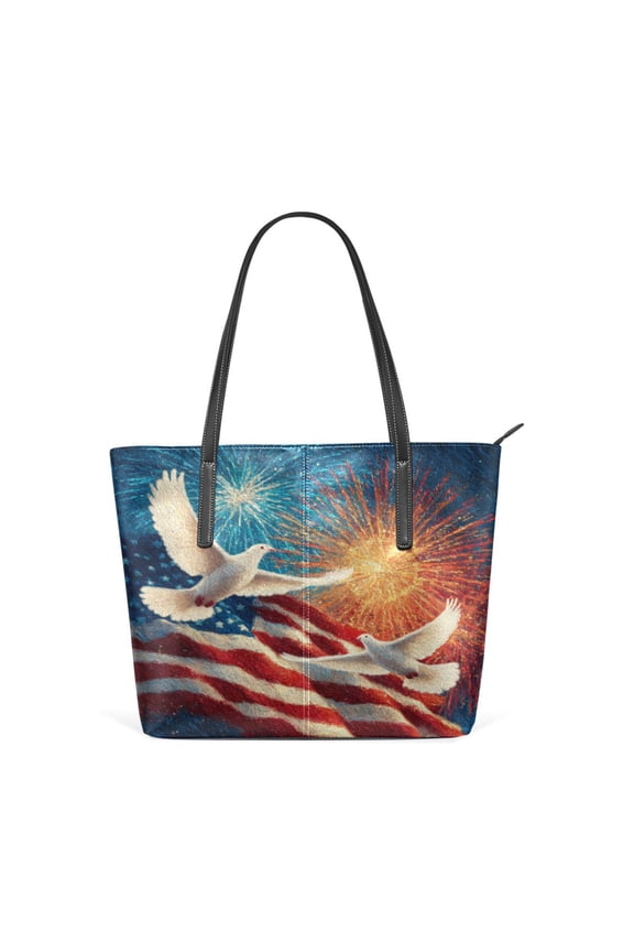 Tote Bag Aesthetic leather Handbags with Zipper for Women Travel Shoulder Bags Purses with compartment. White Dove and American Flag