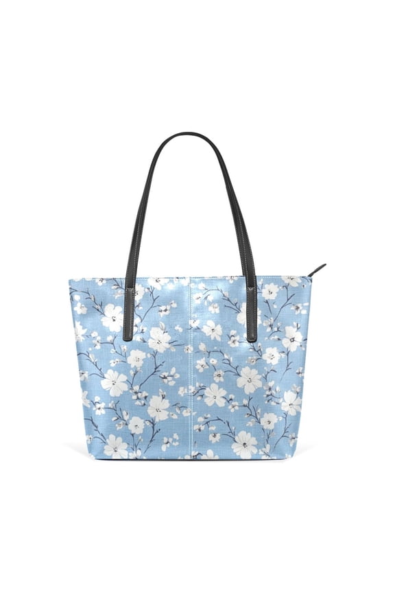 Tote Bag Aesthetic leather Handbags with Zipper for Women Travel Shoulder Bags Purses with compartment. White and Gray Floral Patterned