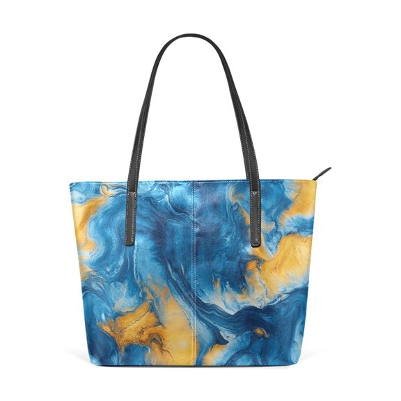 Tote Bag Aesthetic leather Handbags with Zipper for Women Travel Shoulder Bags Purses with compartment. Yellow Blue Mixed Tie-dye