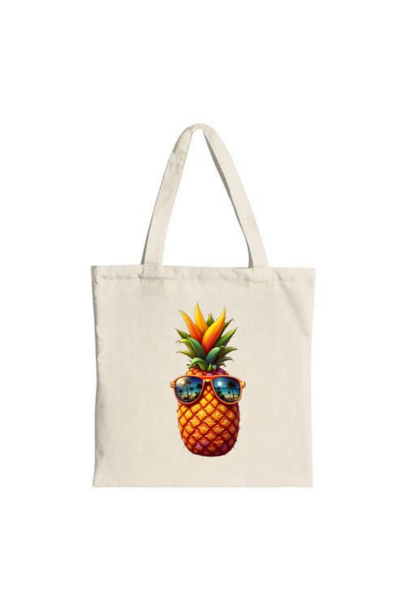 Tote Bag - Canvas Bag featuring a fun pineapple in sunglasses with a tropical beach scene perfect for shopping travel and parties