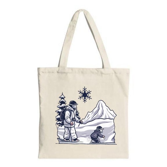 Tote Bag - Cartoon design with snowy landscape winter gear and playful snow activities perfect for shopping and travel